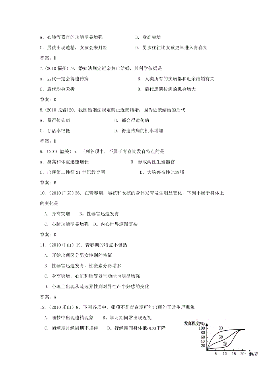 10-11近两年中考生物专题分类 青春期和计划生育试题_第2页