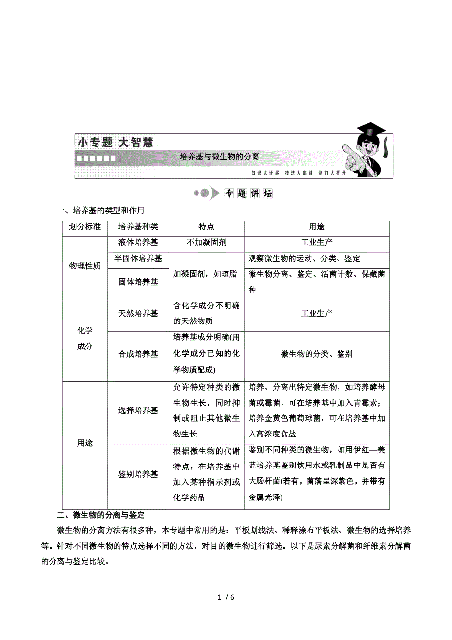 2017-2018学年人教版高中生物选修一教材用书：专题2 微生物的培养与应用 专题 培养基与微生物的分离 Word版含答案.doc_第1页