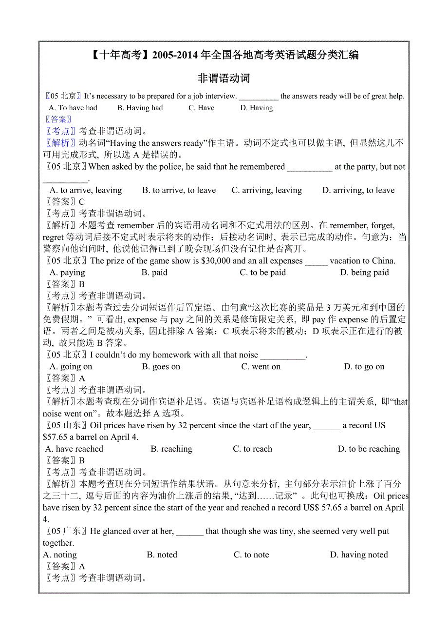 2005-2014年全国各地高考英语试题分类汇编：非谓语动词---精校Word解析版_第1页