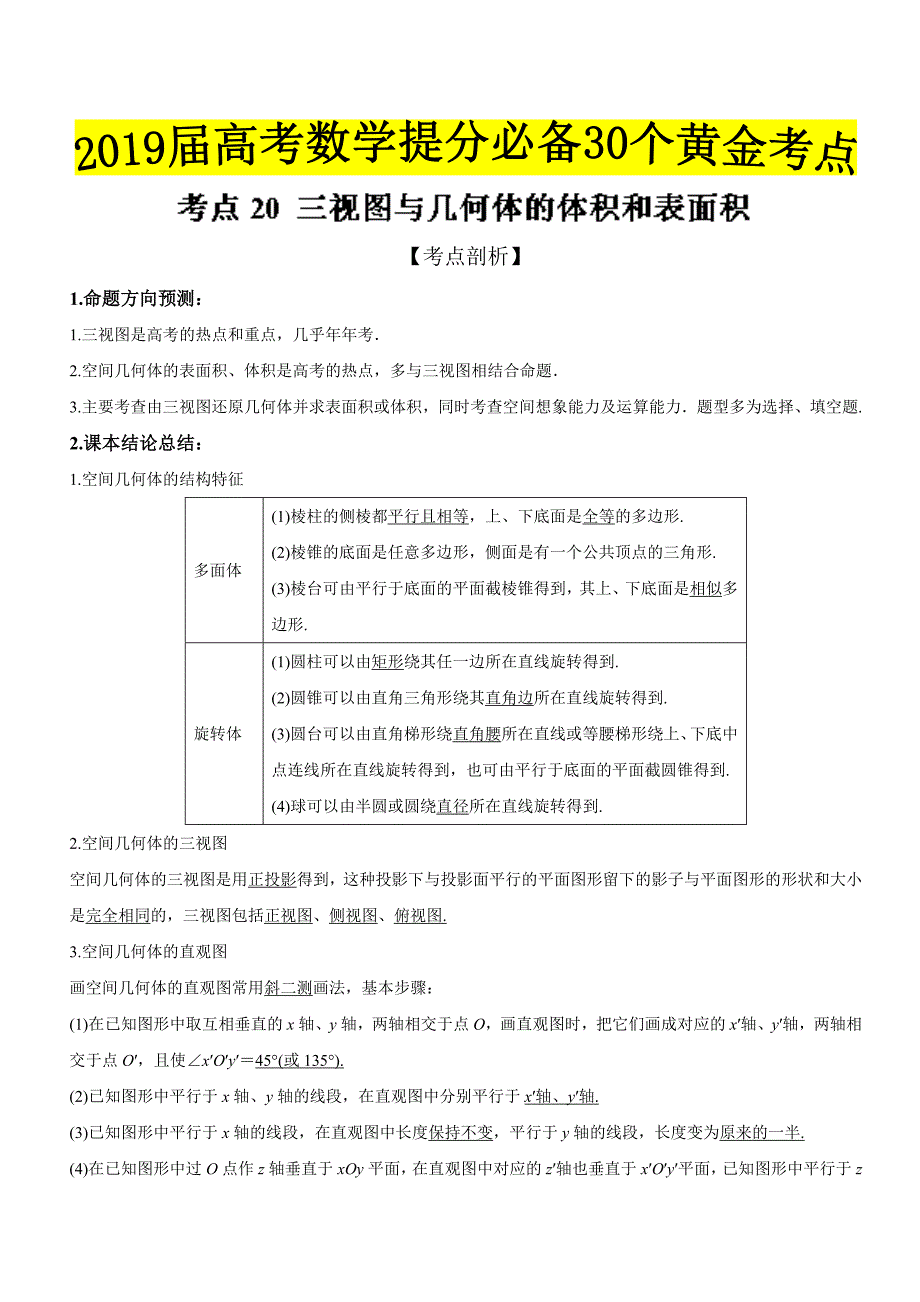 三视图与几何体的体积和表面积高考数学（理）提分必备30个黄金考点---精校解析Word版_第1页