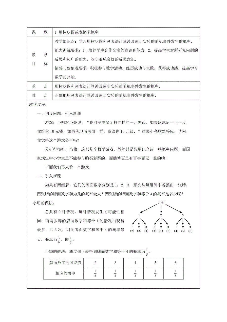 九年级数学（北师大版）上册教案：3.1用树状图或表格求概率（1）_第1页