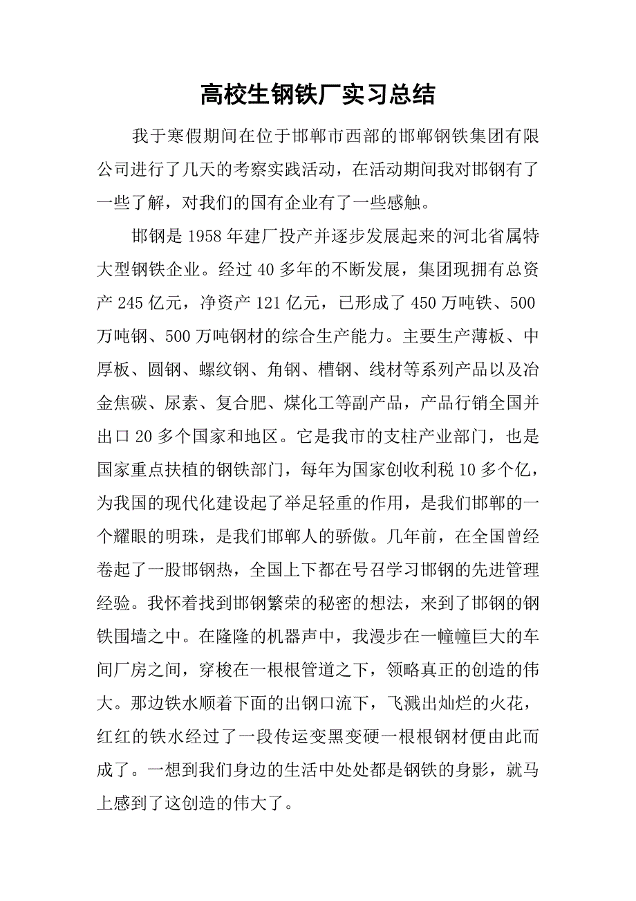 高校生钢铁厂实习总结.doc_第1页