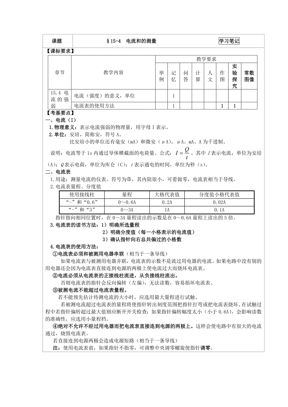 九年级物理全册 15.4 电流的测量学习笔记（无答案）（新版）新人教版_第2页