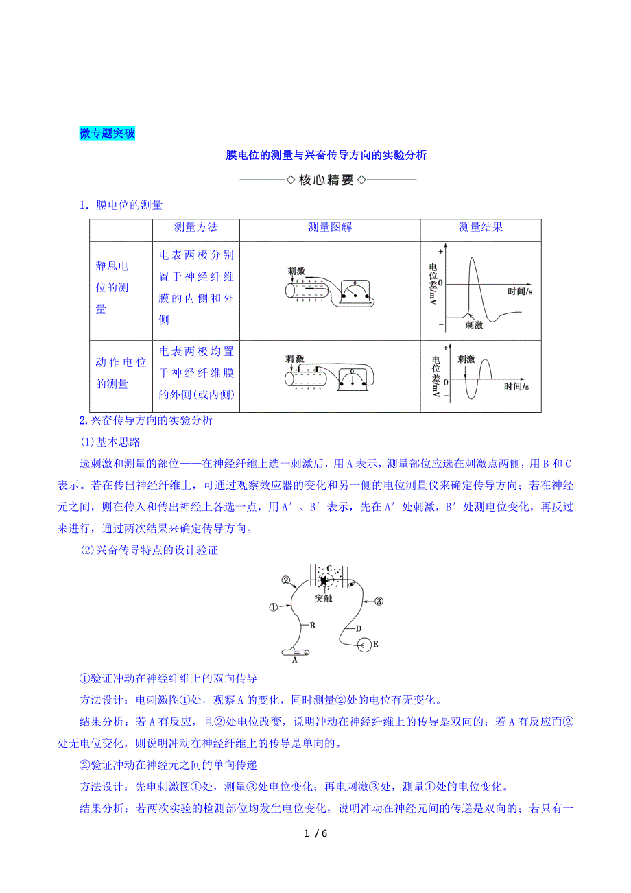 2017-2018学年高中生物（浙科版必修三）教师用书：第2章 微专题突破 膜电位的测量与兴奋传导方向的实验分析 Word版含答案.doc_第1页