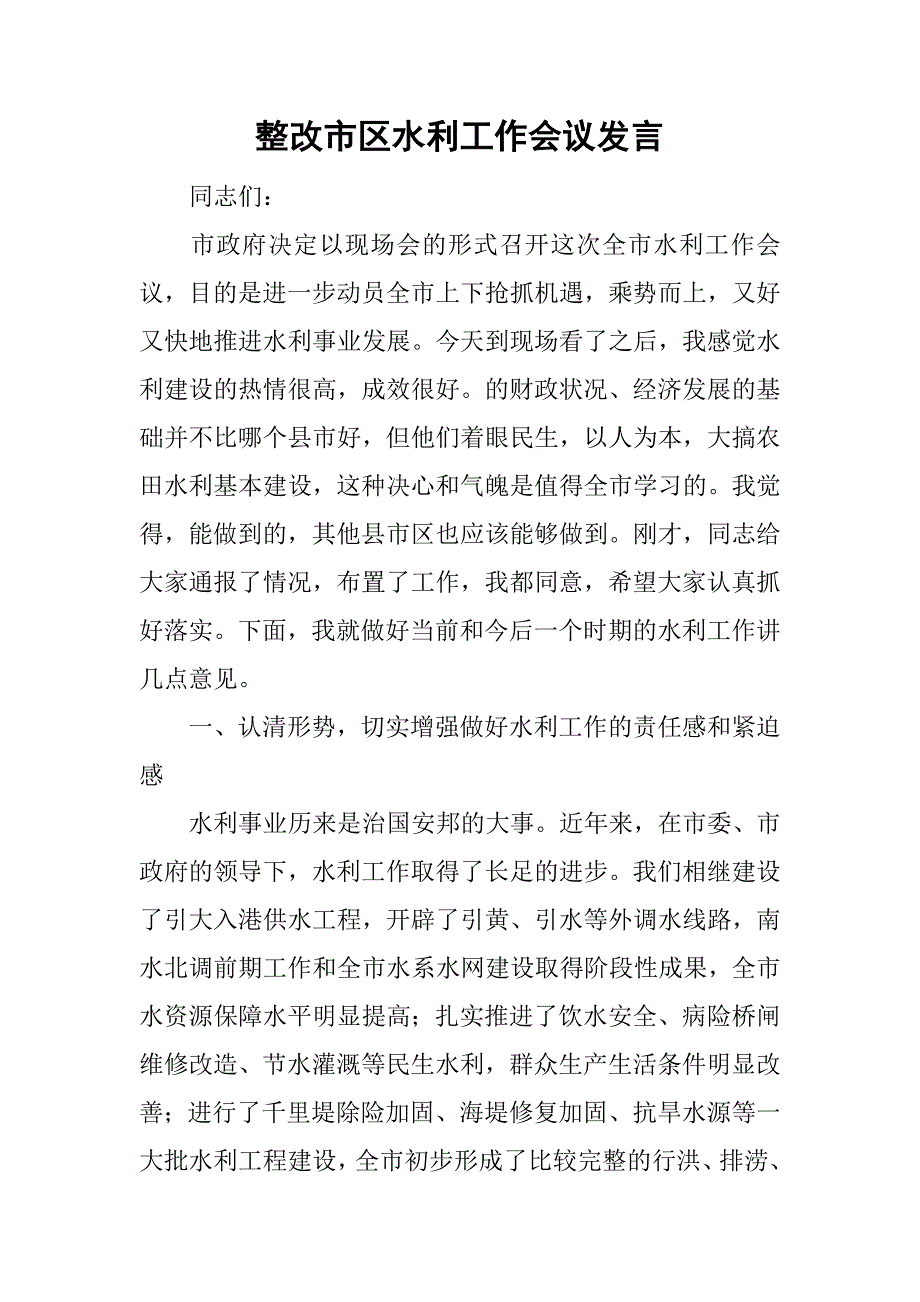 整改市区水利工作会议发言.doc_第1页