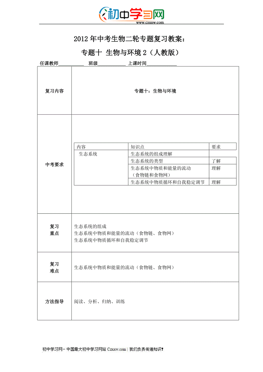 中考生物二轮专题复习教案：专题十生物与环境2（人教版）_第1页