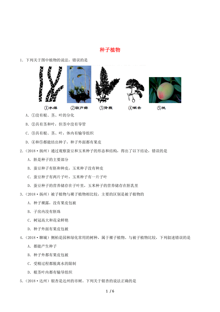 2019届中考生物专题汇编种子植物.docx_第1页