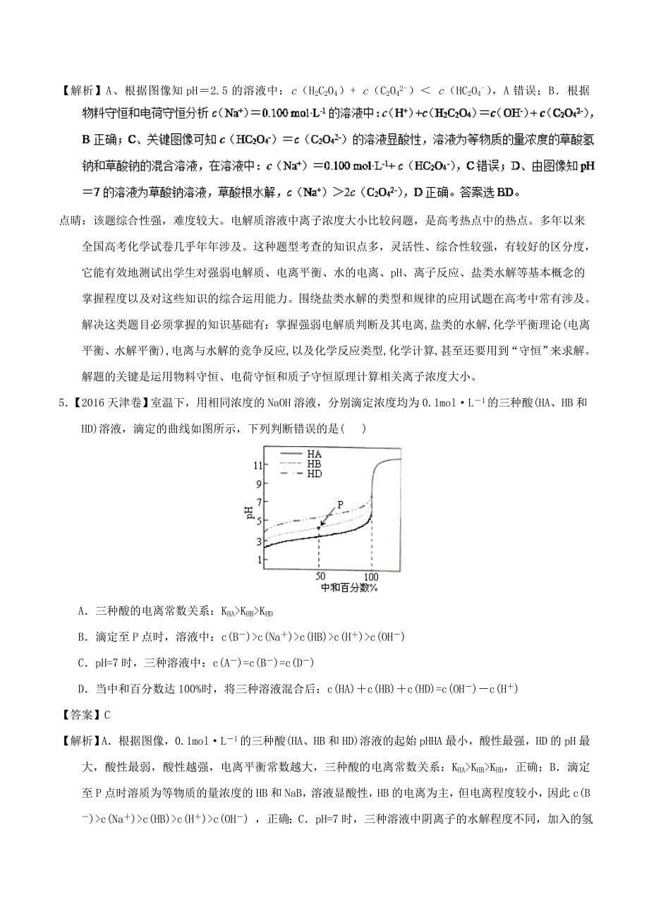 离子浓度大小比较-2019年高考化学备考之五年高考真题---精校解析Word版_第5页