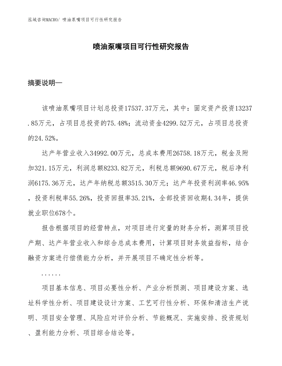 （项目设计）喷油泵嘴项目可行性研究报告_第1页