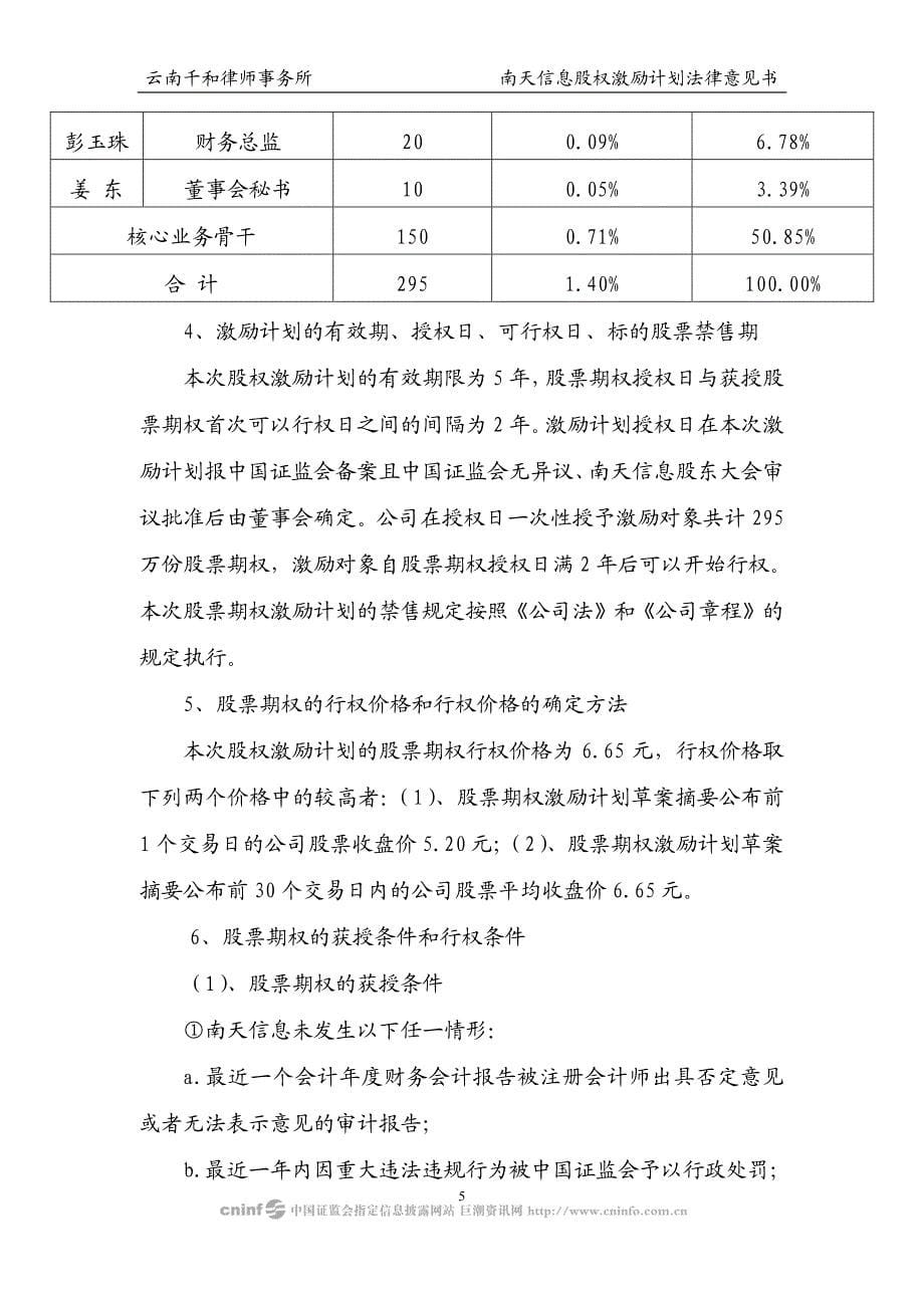 南天信息：云南千和律师事务所关于公司股权激励计划的法律意见书 2010-03-19_第5页