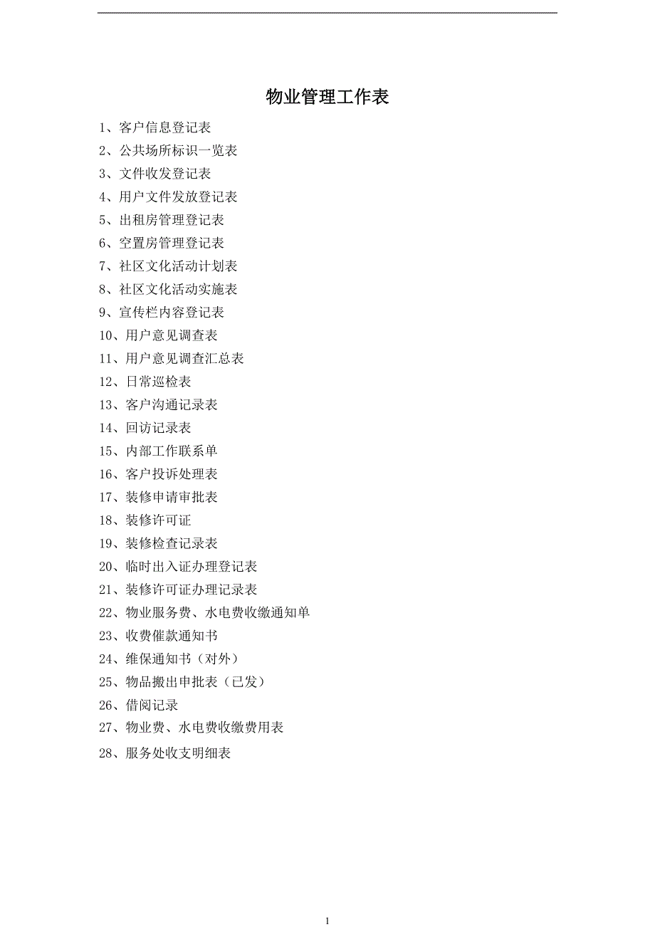 物业管理服务工作表格汇总_第1页
