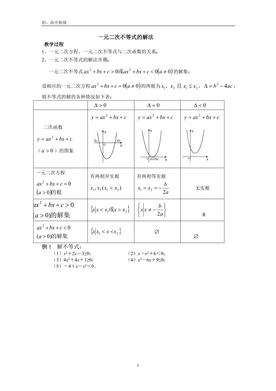 初高中衔接数学-一元二次不等式的解法2_第1页