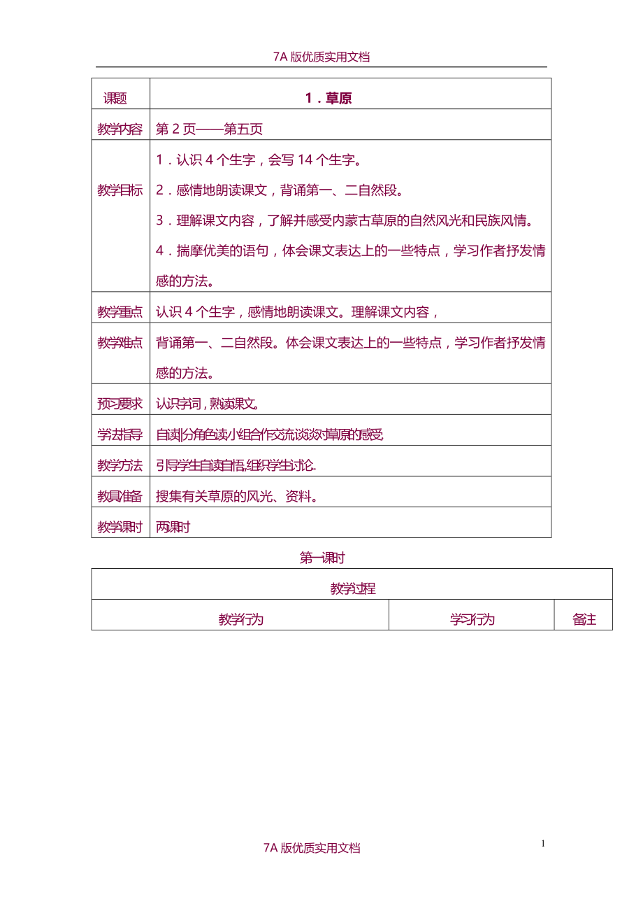 【6A文】人教版小学五年级语文下册教案(表格式)_第1页