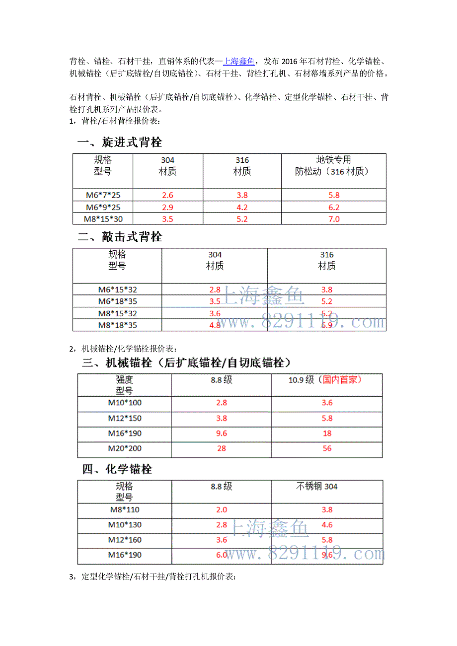 上海鑫鱼—背栓、石材背栓、石材干挂幕墙系列产品报价表_第1页