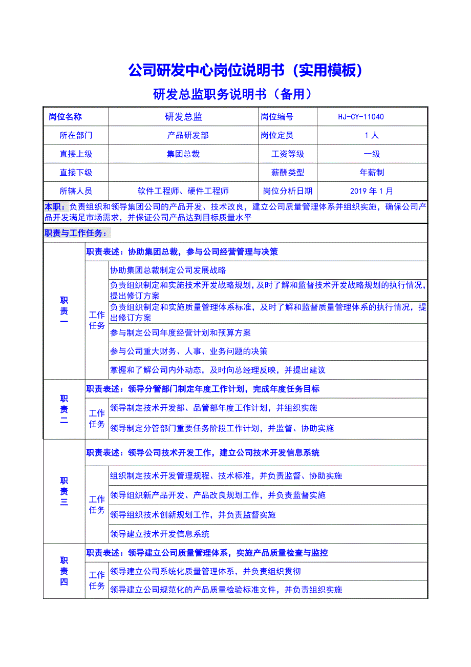 公司研发中心主要岗位说明书（实用模板）_第1页