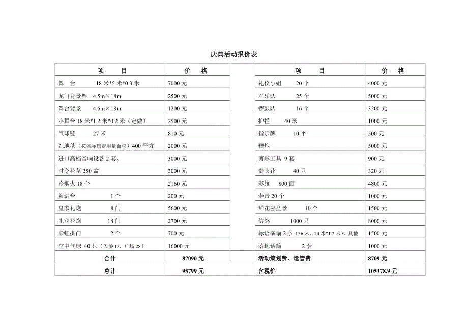 庆典活动报价表_第1页