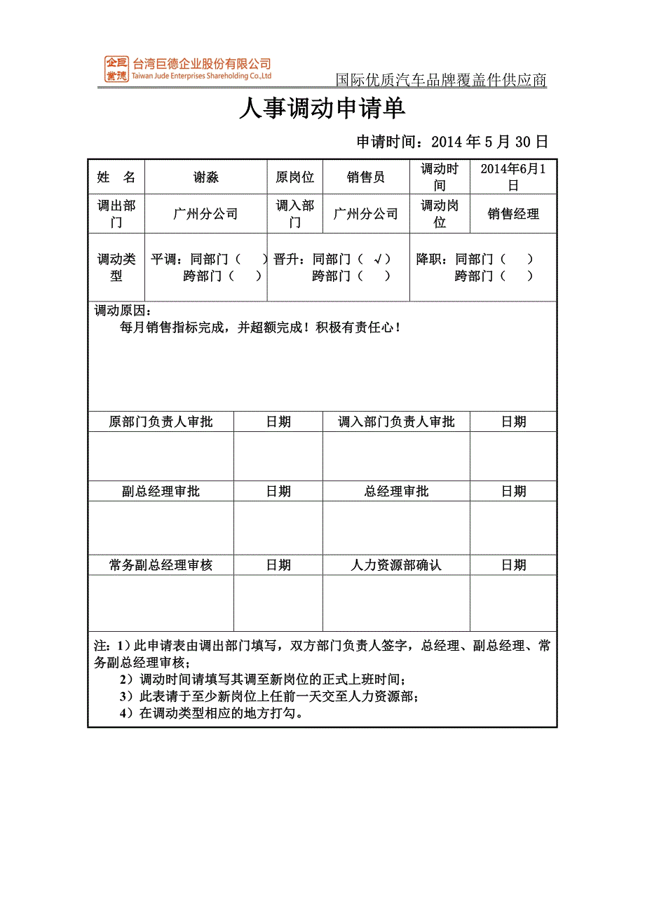 人事调动申请单(平调、晋升、降职)_第1页