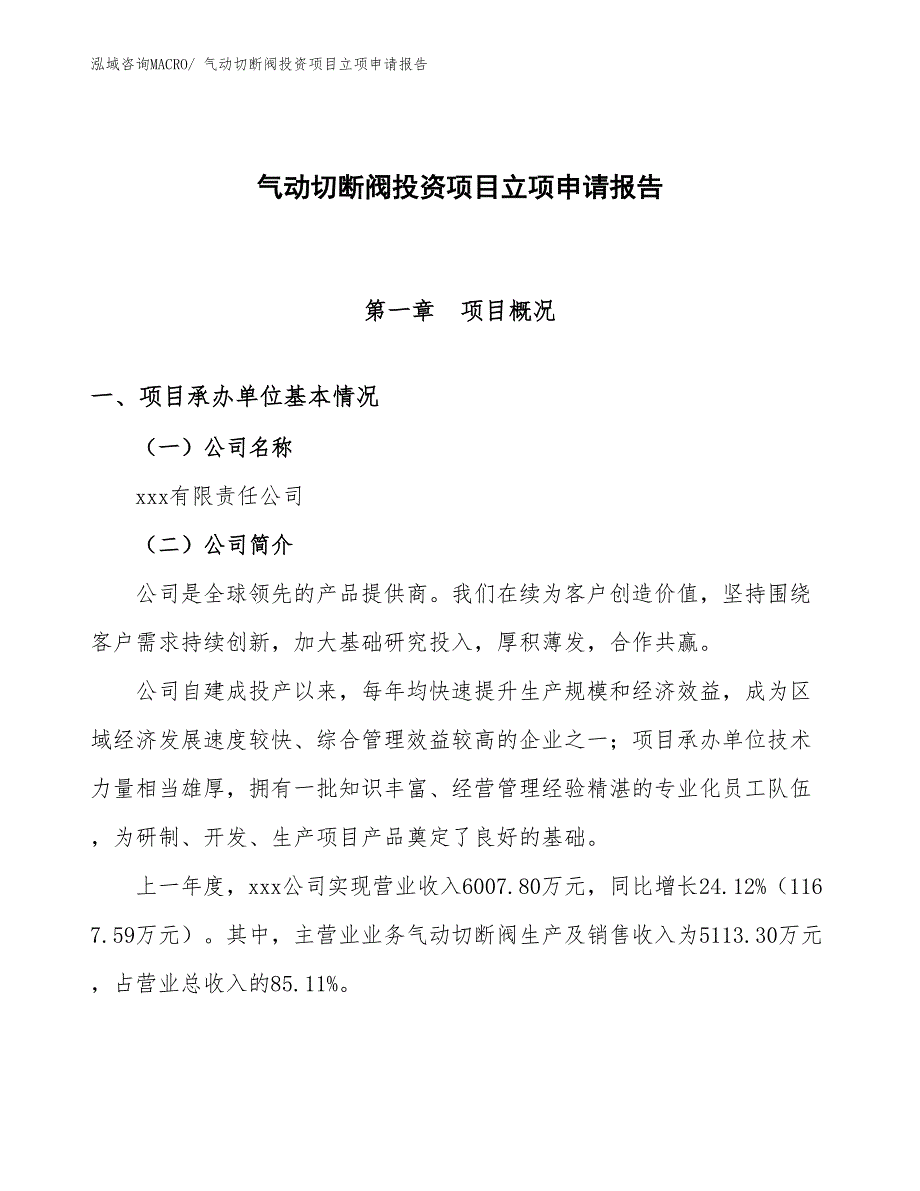 气动切断阀投资项目立项申请报告_第1页