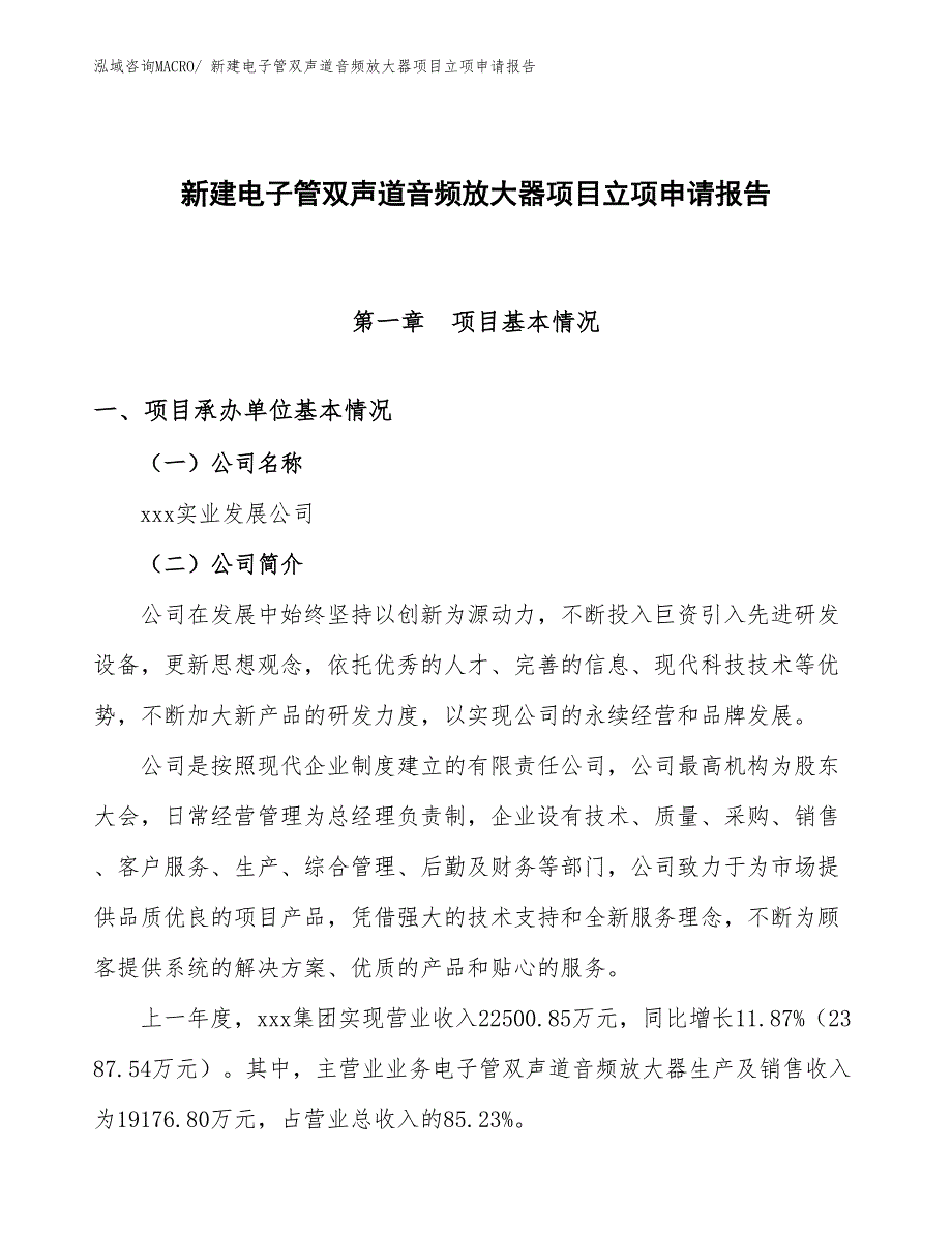 新建电子管双声道音频放大器项目立项申请报告_第1页