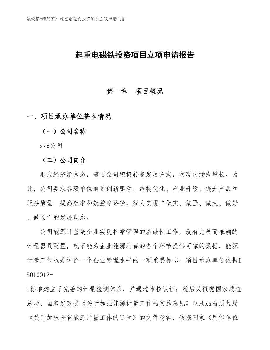 起重电磁铁投资项目立项申请报告_第1页