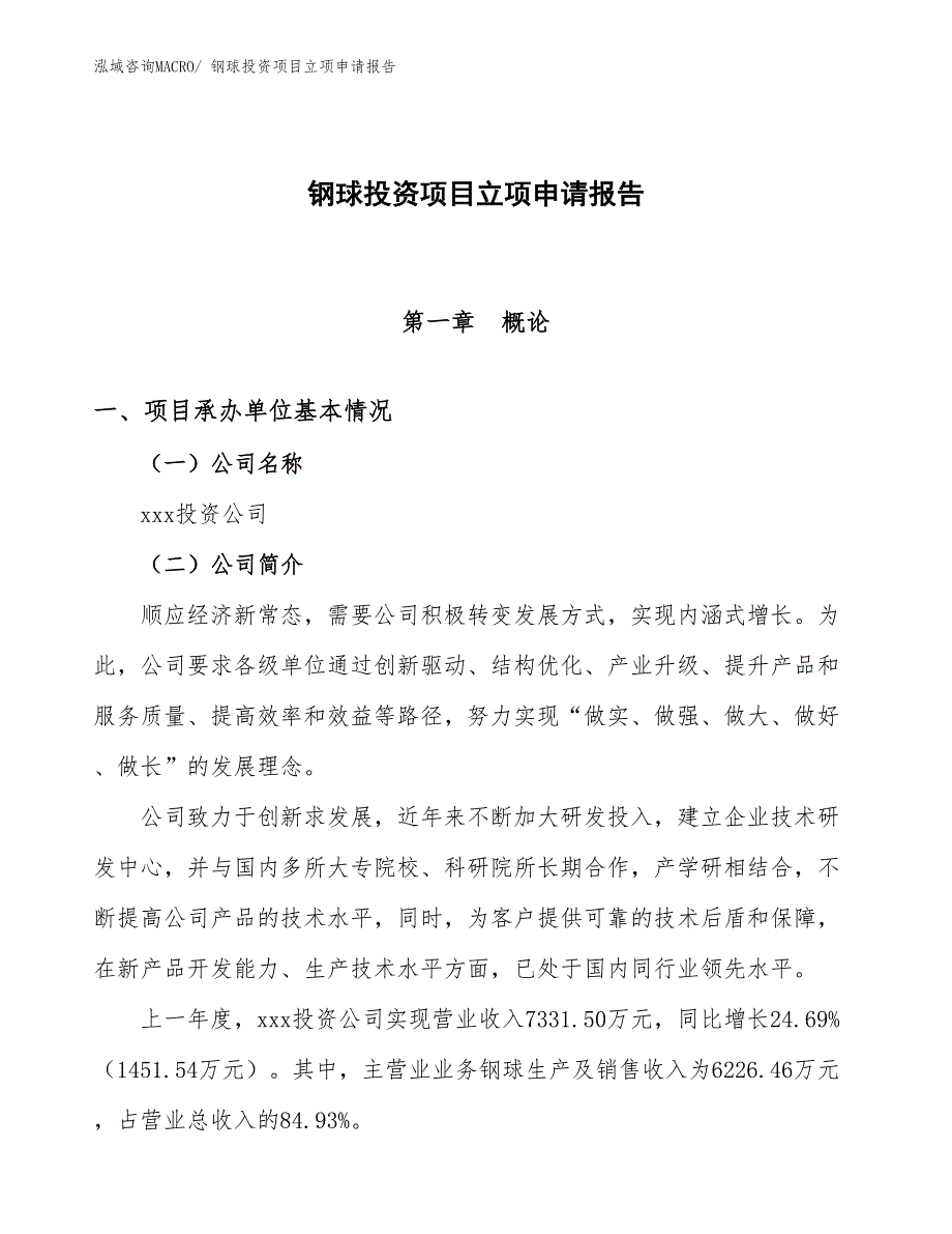 钢球投资项目立项申请报告_第1页