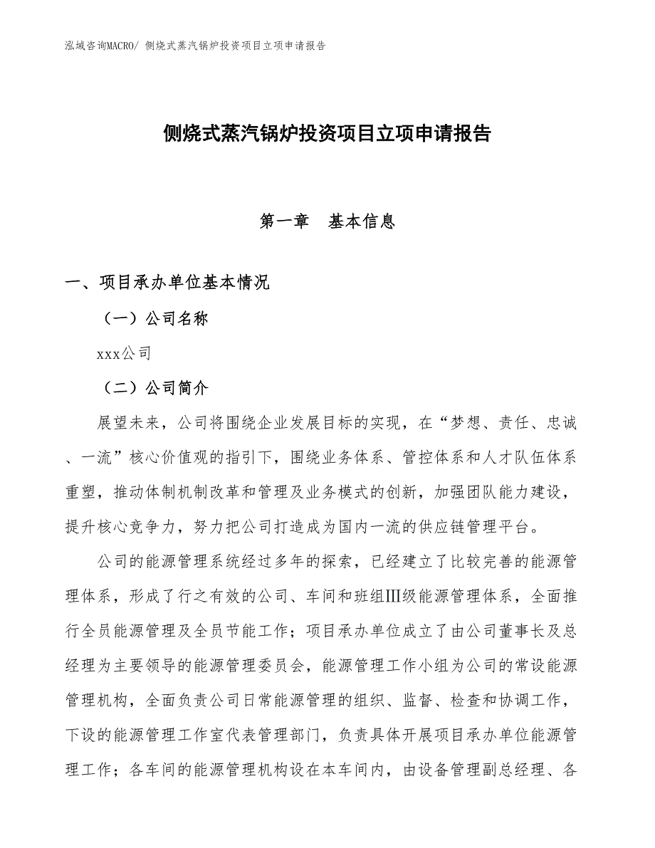 侧烧式蒸汽锅炉投资项目立项申请报告_第1页