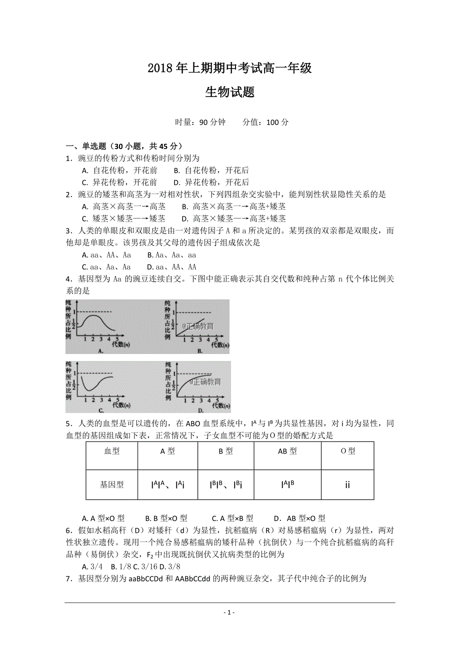 湖南省2017-2018学年高一下学期期中考试生物---精校Word版含答案_第1页