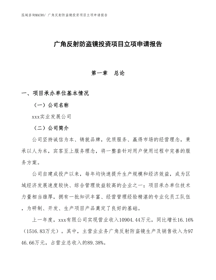 广角反射防盗镜投资项目立项申请报告 (1)_第1页