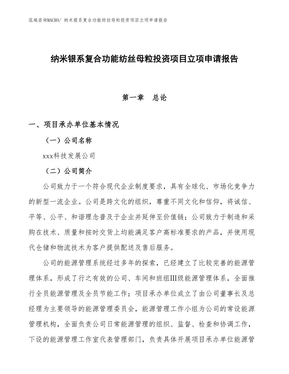 纳米银系复合功能纺丝母粒投资项目立项申请报告_第1页