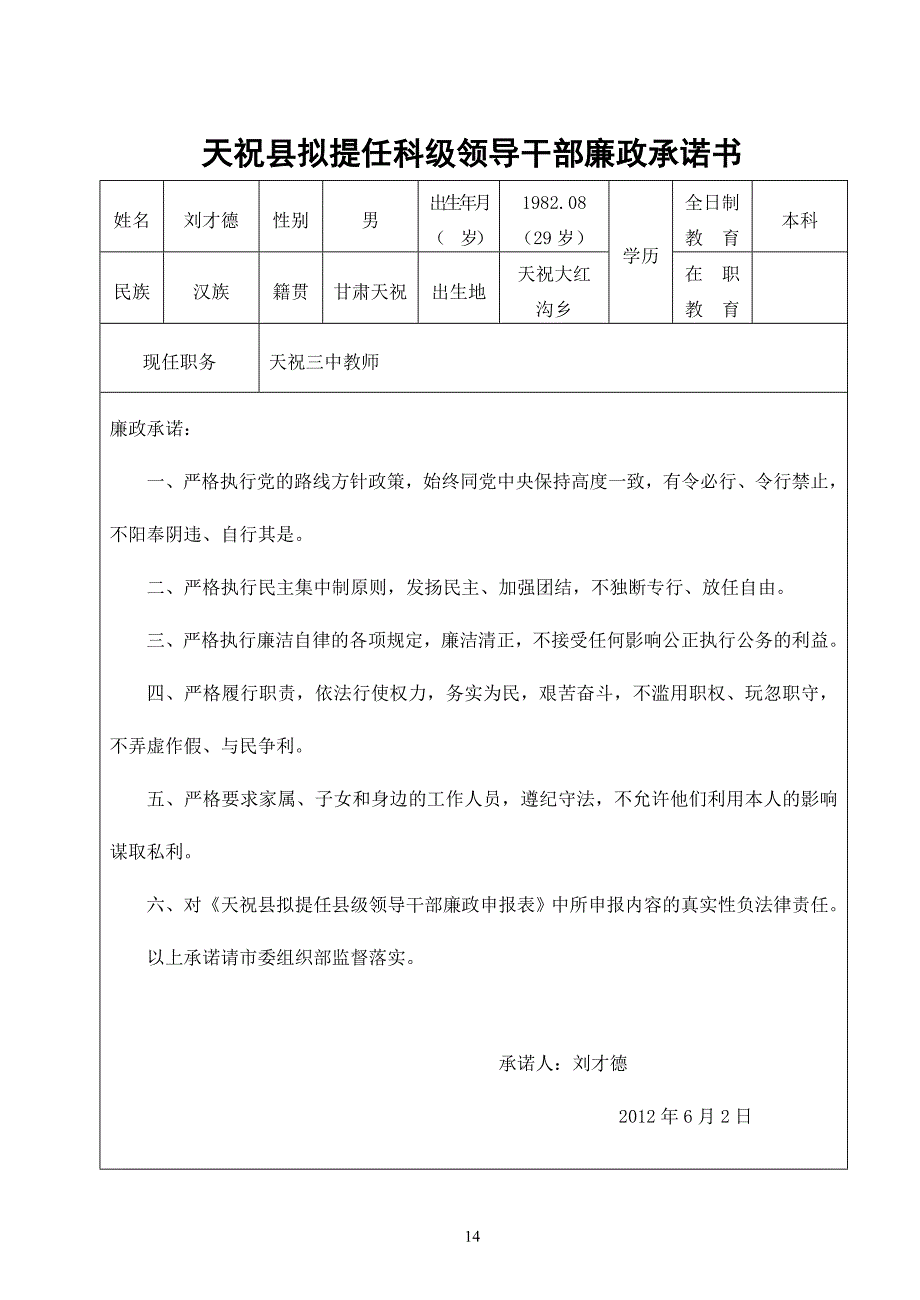 天祝县拟提任科级领导干部廉政承诺书_第1页