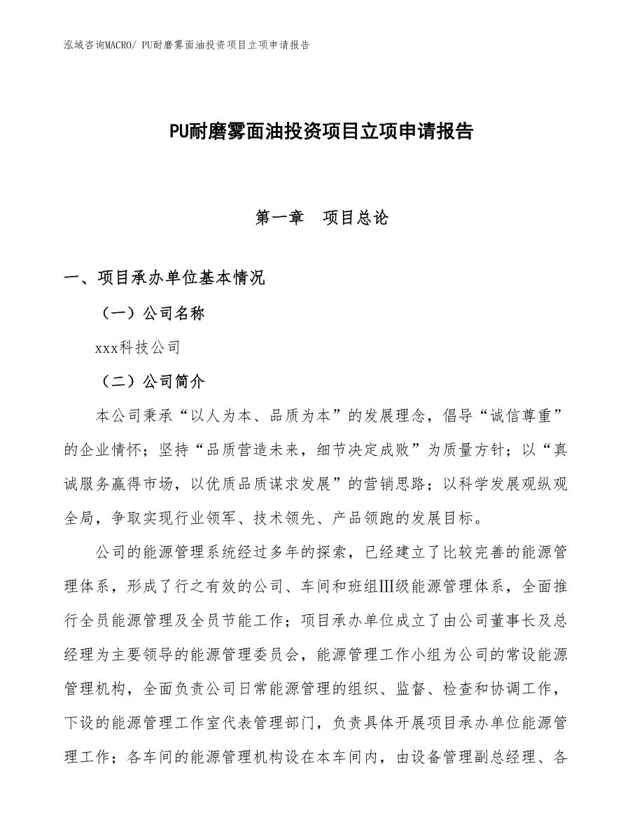 PU耐磨雾面油投资项目立项申请报告_第1页