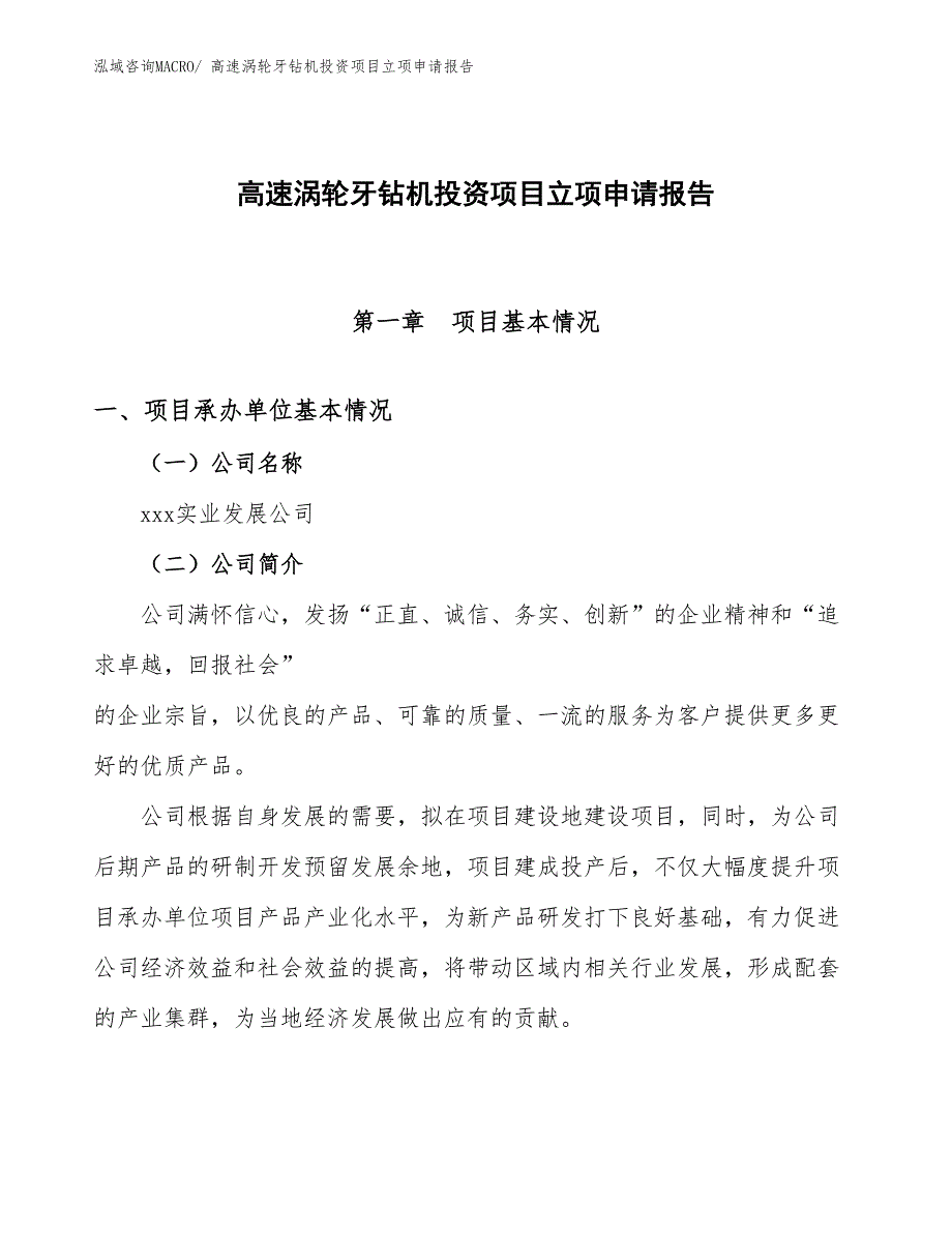 高速涡轮牙钻机投资项目立项申请报告 (1)_第1页