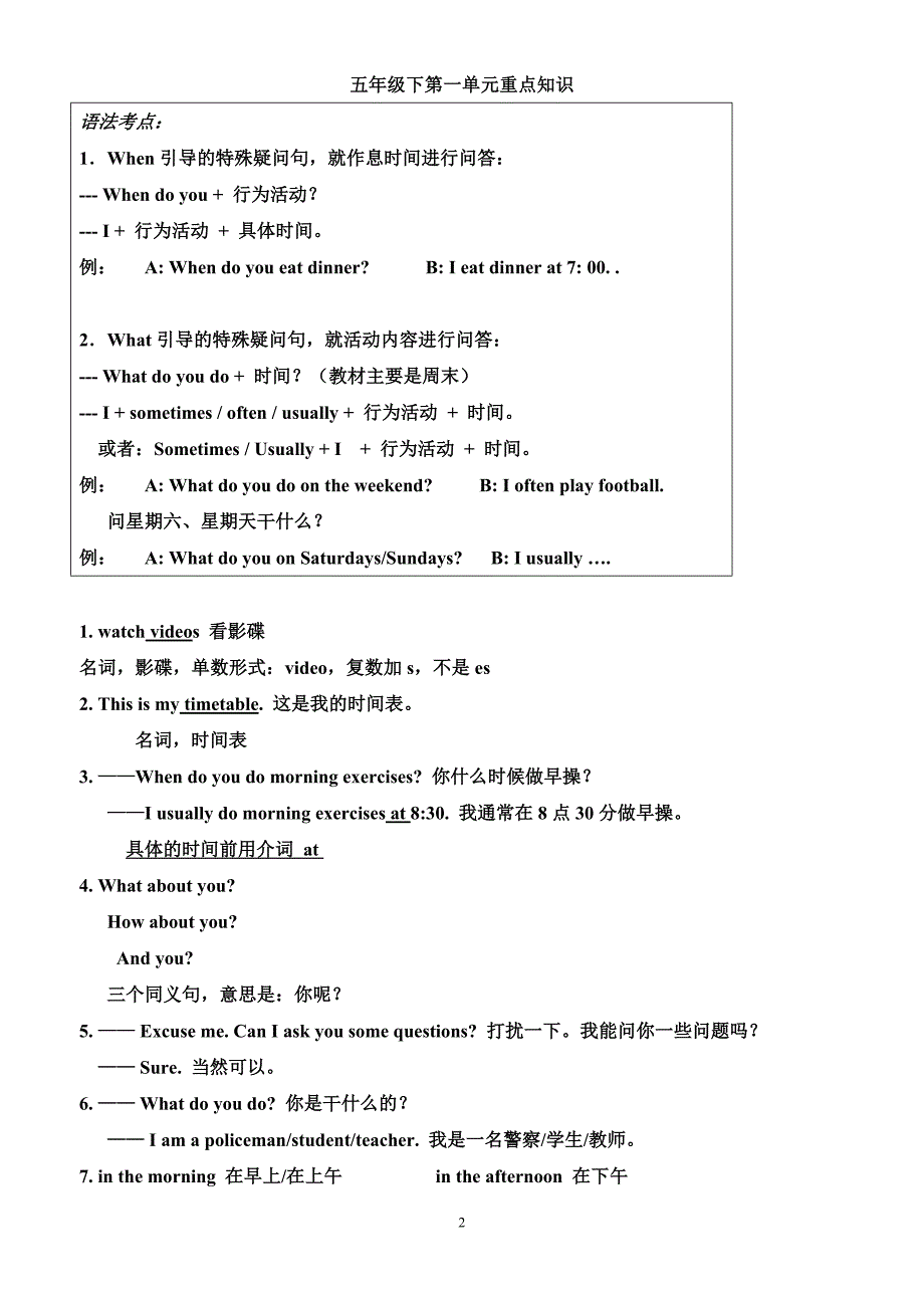 pep小学五年级英语下册知识点归纳及练习(供打印复习)_第2页