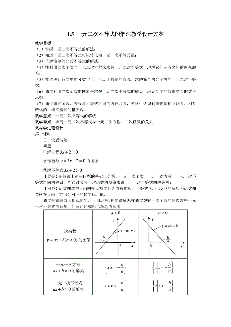 一元二次不等式的解法教学设计方案_第1页