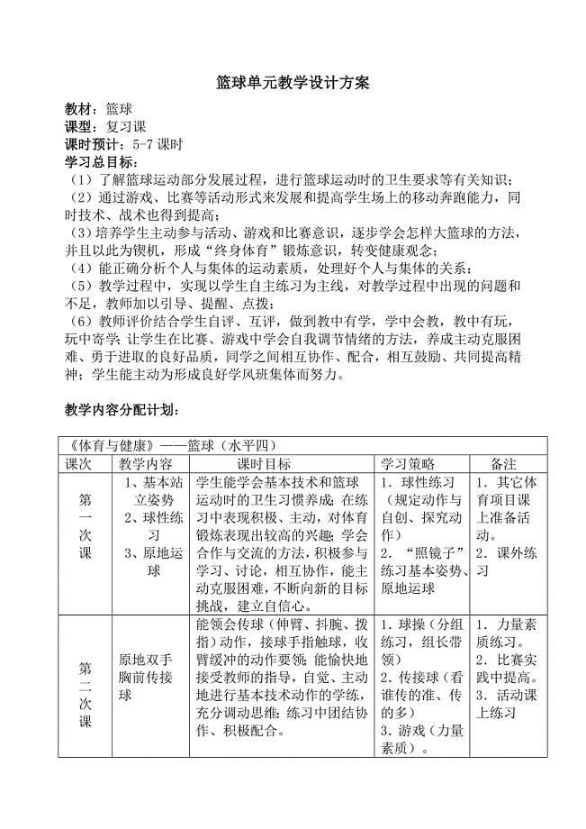 篮球单元教学设计方案