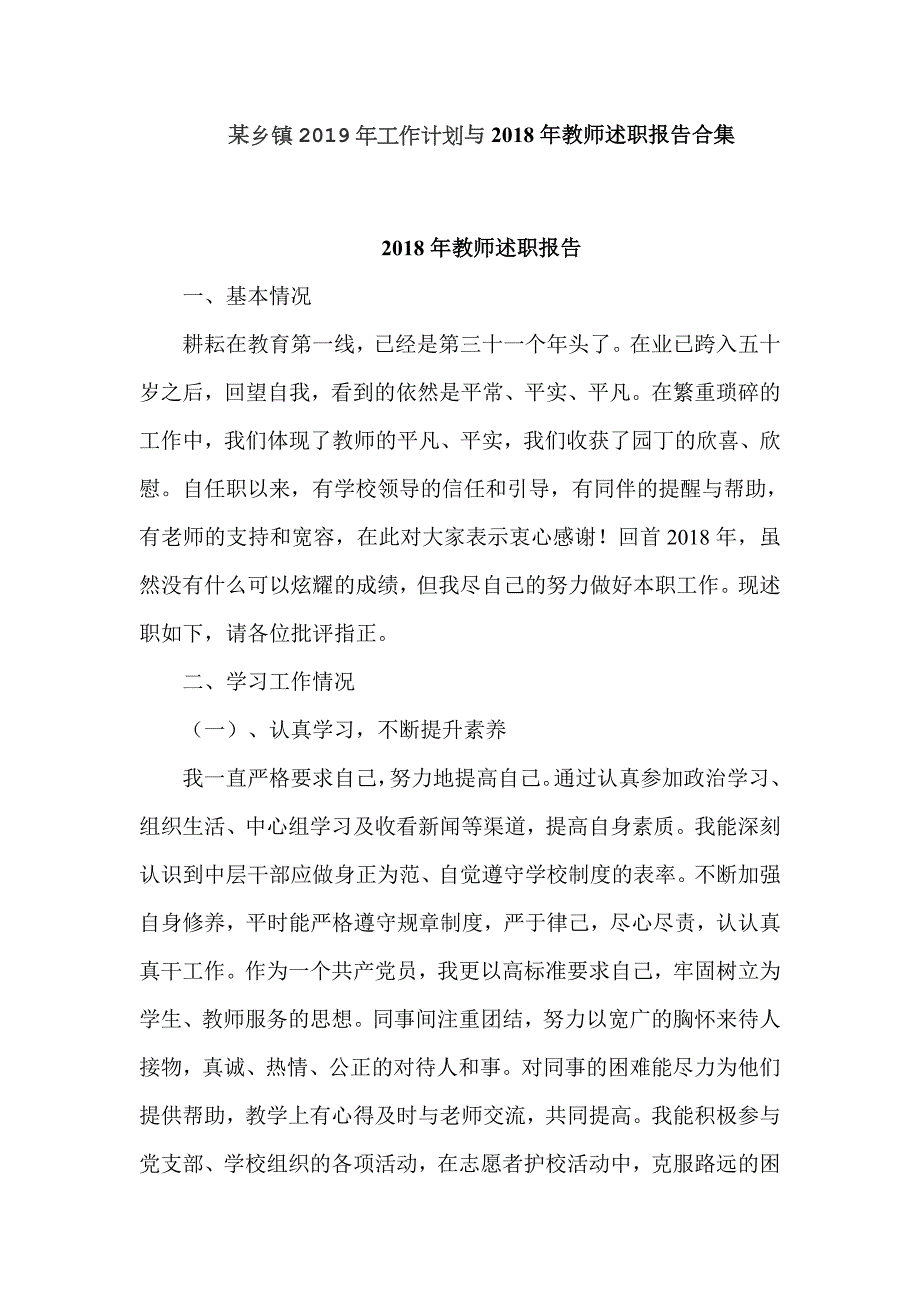 某乡镇2019年工作计划与2018年教师述职报告合集_第1页