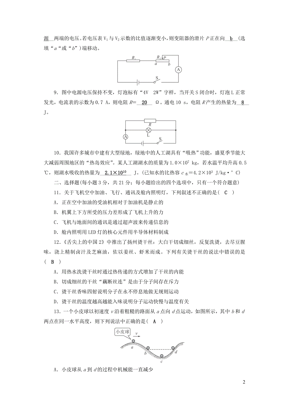 安徽省2019中考物理二轮复习 模拟试卷1_第2页