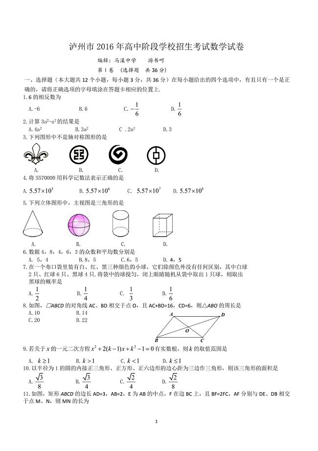 四川省泸州市2016年中考数学试题含答案