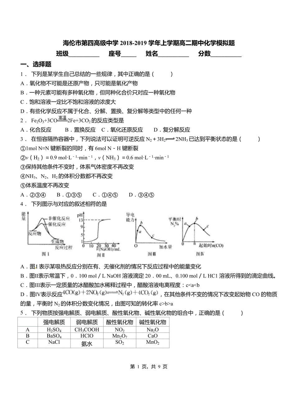 海伦市第四高级中学2018-2019学年上学期高二期中化学模拟题_第1页