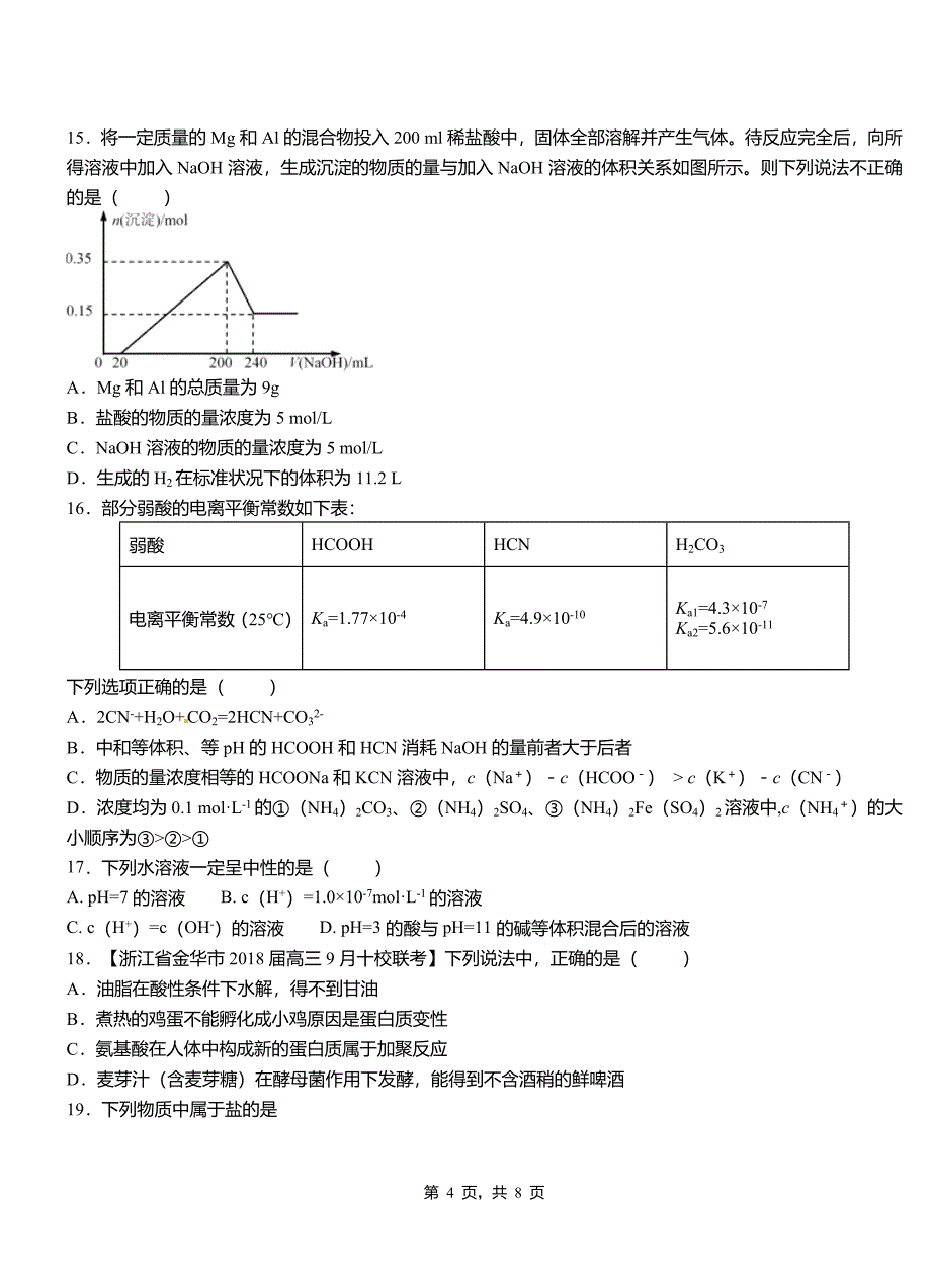 冷水江市第四高级中学2018-2019学年上学期高二期中化学模拟题_第4页