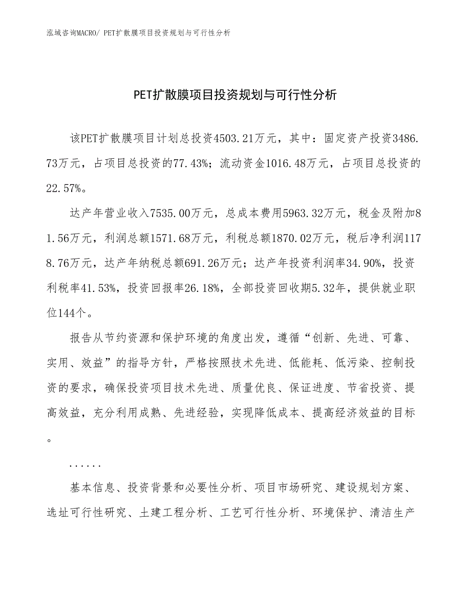 PET扩散膜项目投资规划与可行性分析_第1页