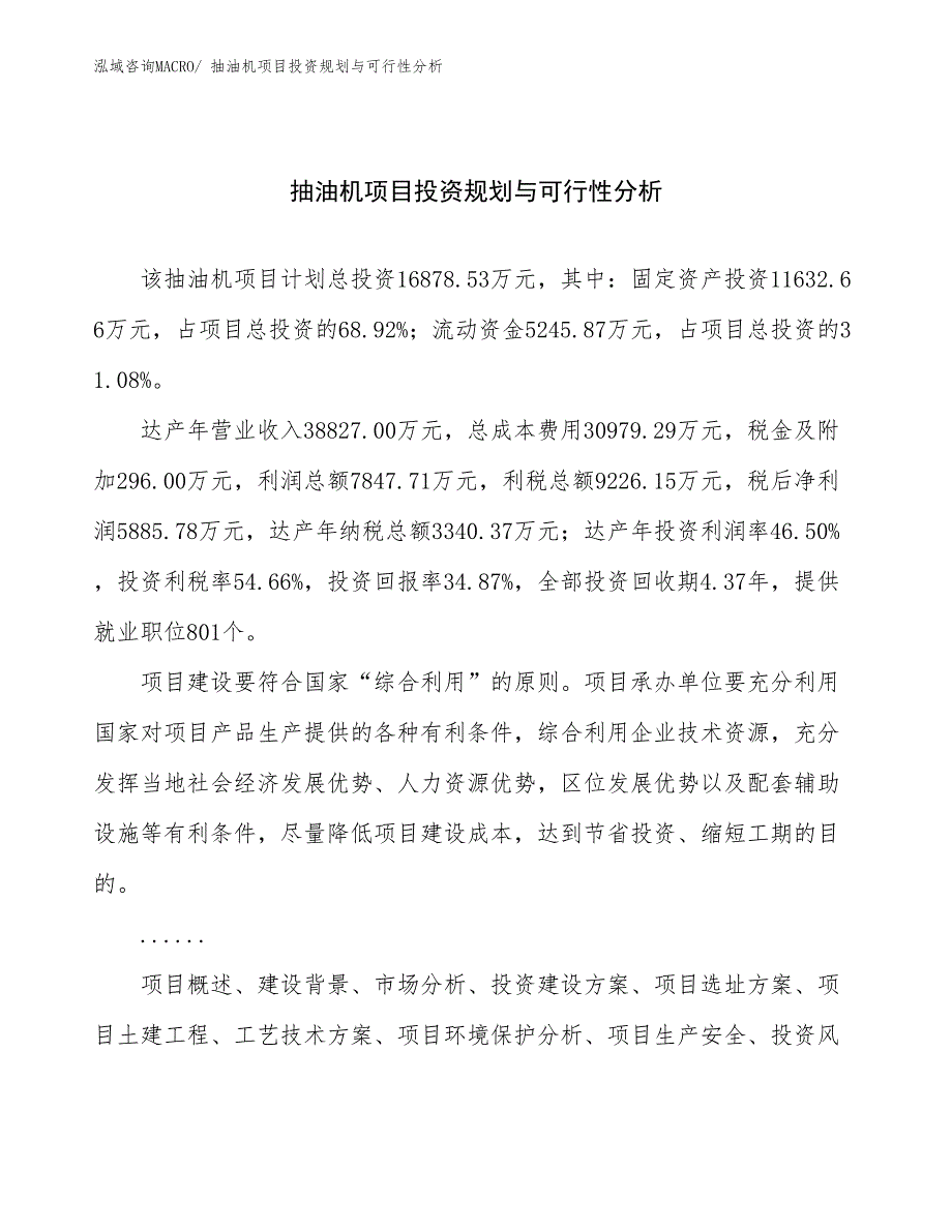 抽油机项目投资规划与可行性分析_第1页