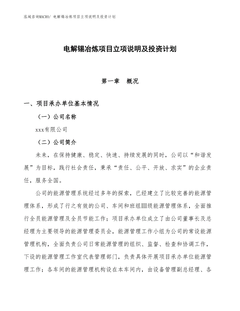 电解锡冶炼项目立项说明及投资计划_第1页