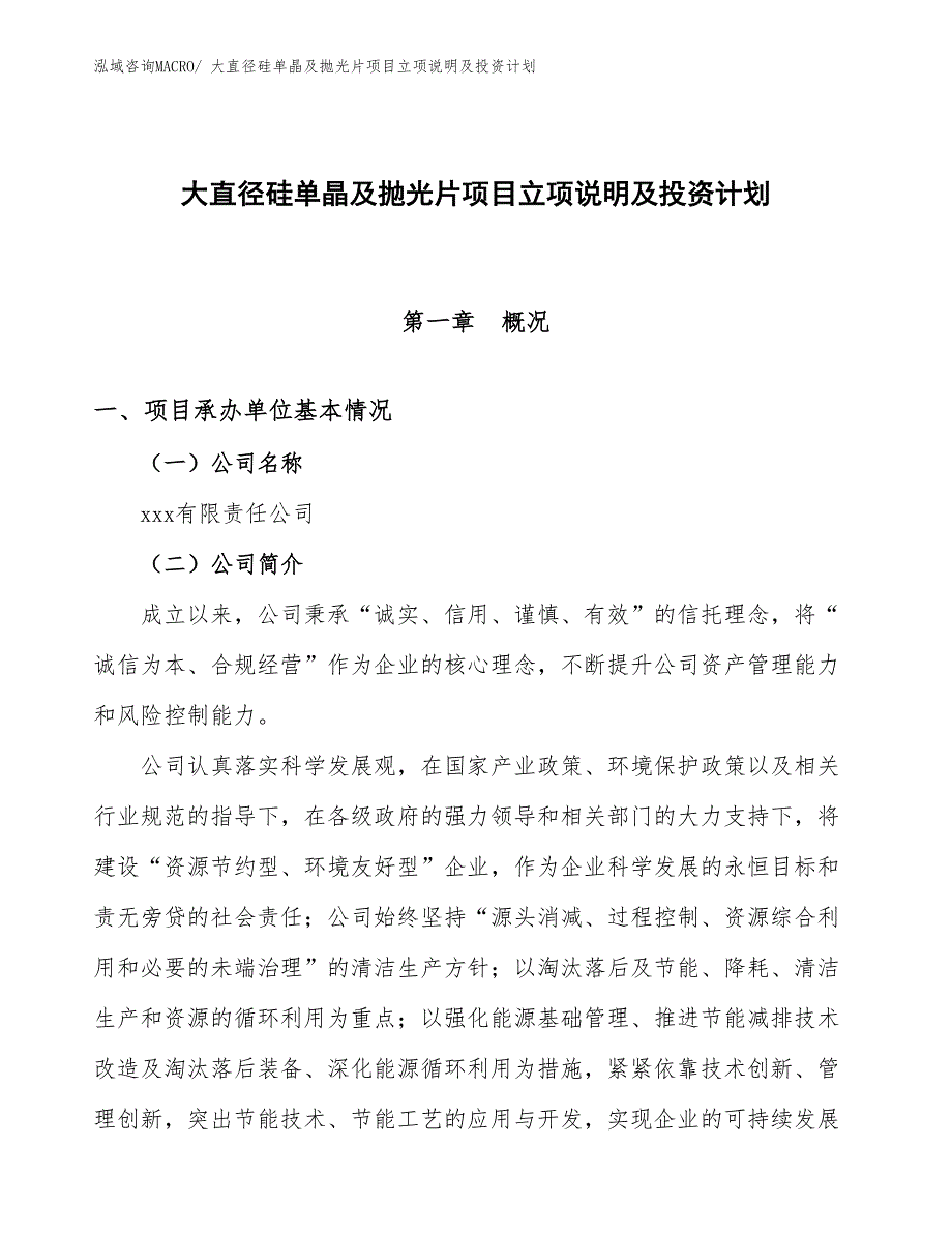 大直径硅单晶及抛光片项目立项说明及投资计划_第1页