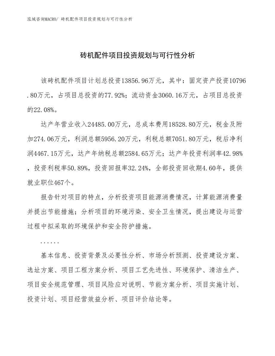 砖机配件项目投资规划与可行性分析_第1页