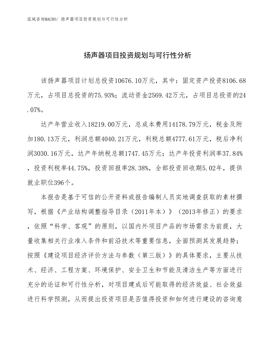 扬声器项目投资规划与可行性分析 (2)_第1页