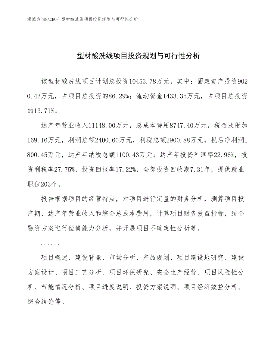 型材酸洗线项目投资规划与可行性分析_第1页