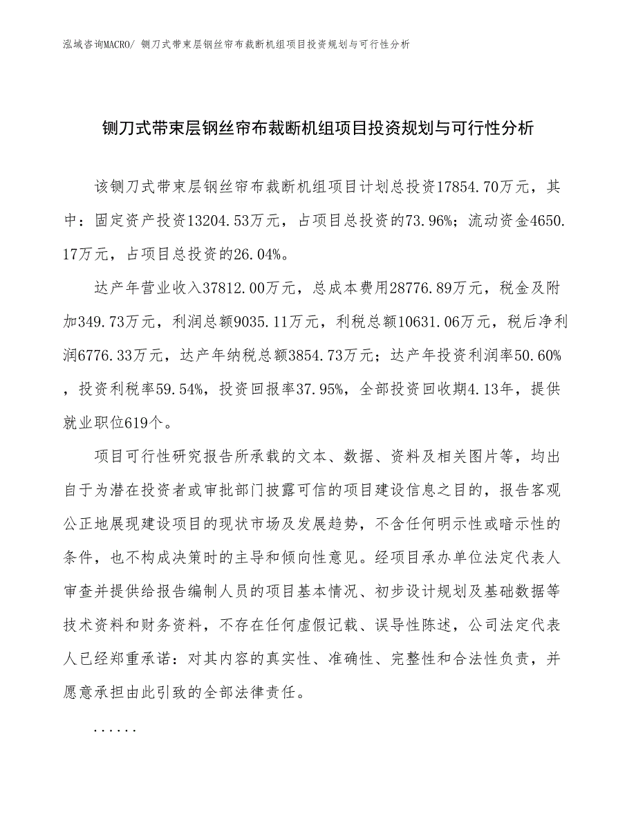 铡刀式带束层钢丝帘布裁断机组项目投资规划与可行性分析_第1页