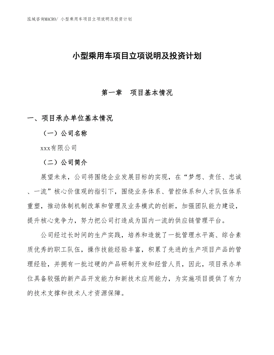 小型乘用车项目立项说明及投资计划 (1)_第1页