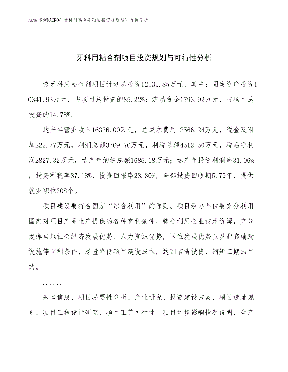 牙科用粘合剂项目投资规划与可行性分析_第1页